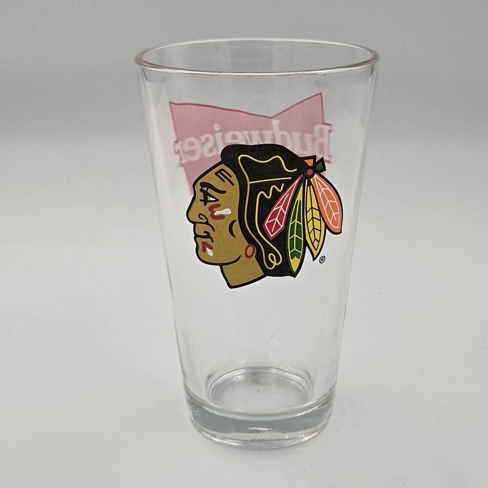 Chicago Blackhawks NHL Team Logo and Budweiser Logo Pint Glass 16 oz